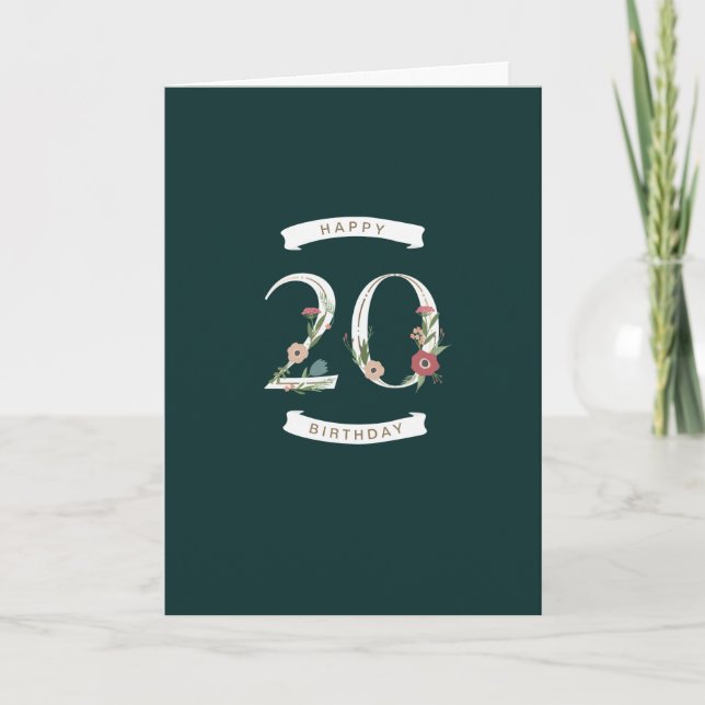 Beautiful Floral Numerals 20th Birthday Card (Front)