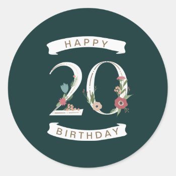 Beautiful Floral Numerals 20th Birthday Classic Round Sticker by ComicDaisy at Zazzle