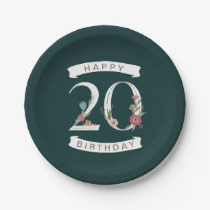 Beautiful Floral Numerals 20th Birthday Paper Plates