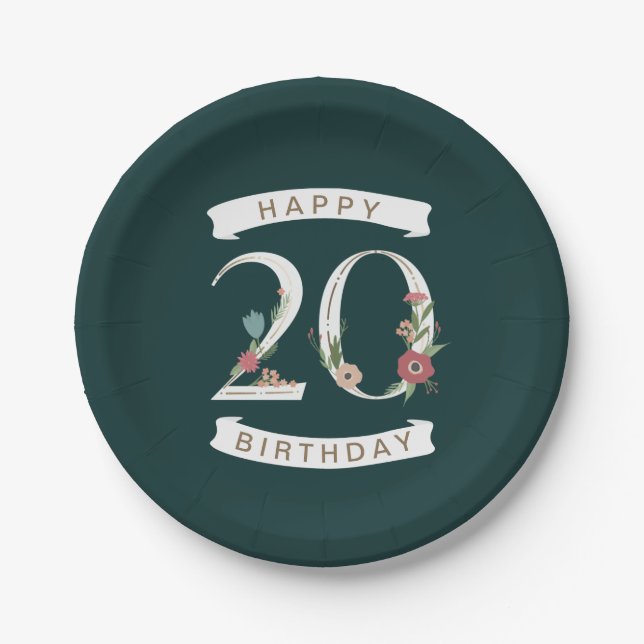Beautiful Floral Numerals 20th Birthday Paper Plates (Front)