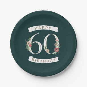 Beautiful Floral Numerals 60th Birthday Paper Plates