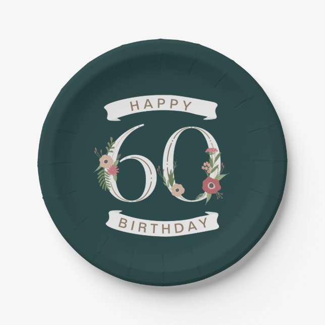 Beautiful Floral Numerals 60th Birthday Paper Plates (Front)