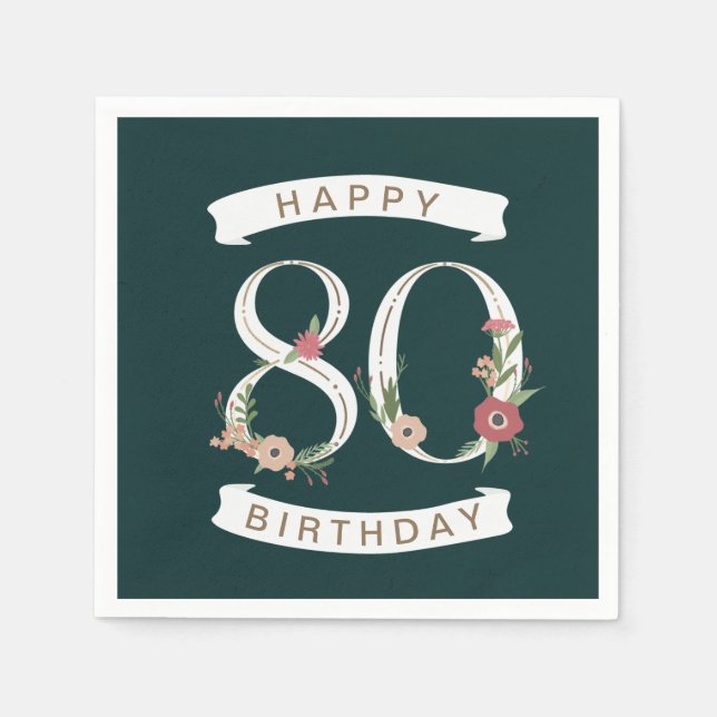 Beautiful Floral Numerals 80th Birthday Napkins (Front)
