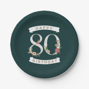 Beautiful Floral Numerals 80th Birthday Paper Plates