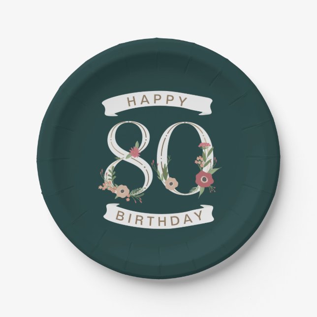 Beautiful Floral Numerals 80th Birthday Paper Plates (Front)
