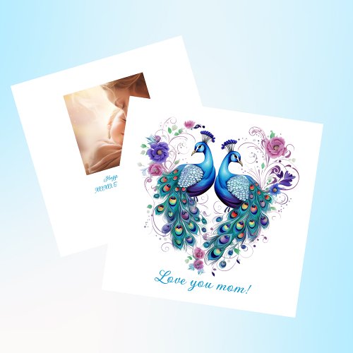 Beautiful Floral Pair of Peacocks Love You Mom Holiday Card
