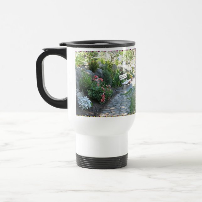 Beautiful Floral Park Bench Travel Mug (Left)