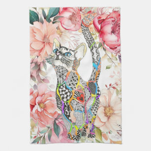 Beautiful Floral Pastel Cat Kitchen Towel