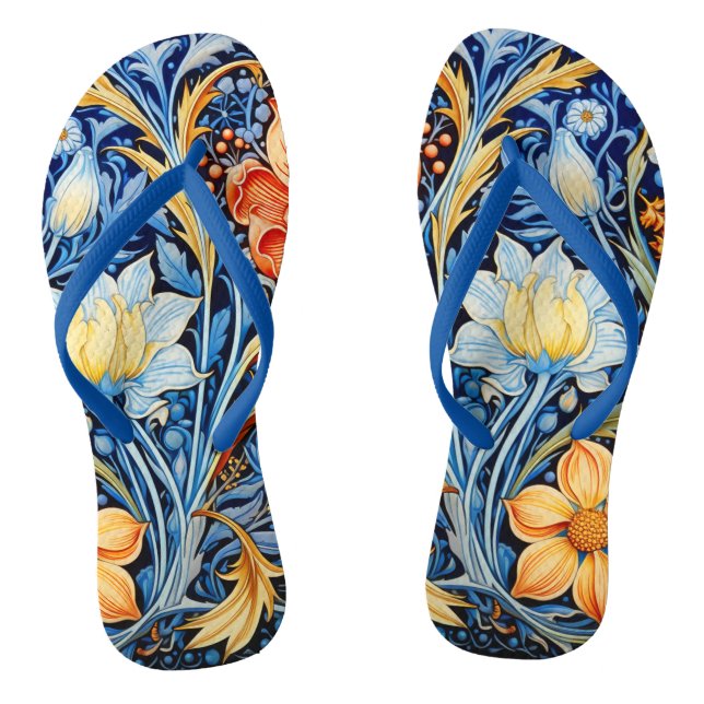 Beautiful  Floral Pattern Blue Yellow Orange Flip Flops (Footbed)