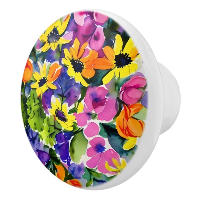 Beautiful floral pattern, bright yellow and pink, ceramic knob (Right)