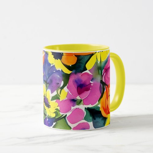 Beautiful floral pattern bright yellow and pink mug