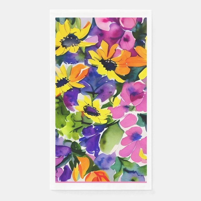 Beautiful floral pattern, bright yellow and pink, paper guest towels (Front)