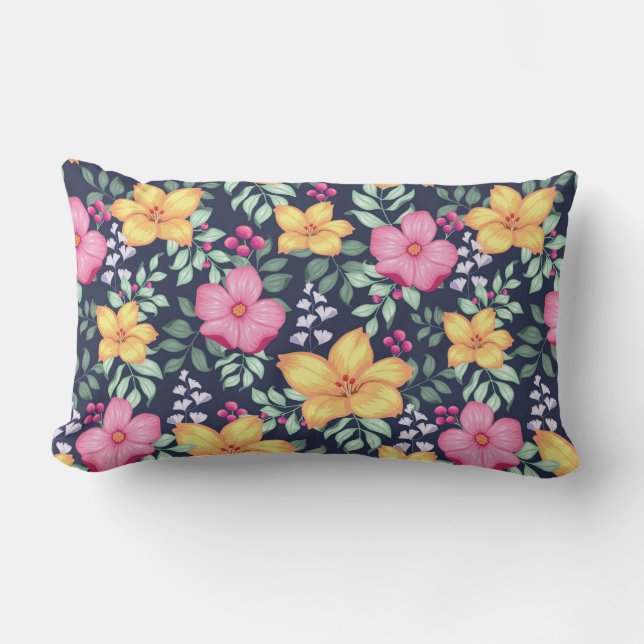 Beautiful Floral Pattern Flowers Foliage Blue Pink Lumbar Pillow (Front)
