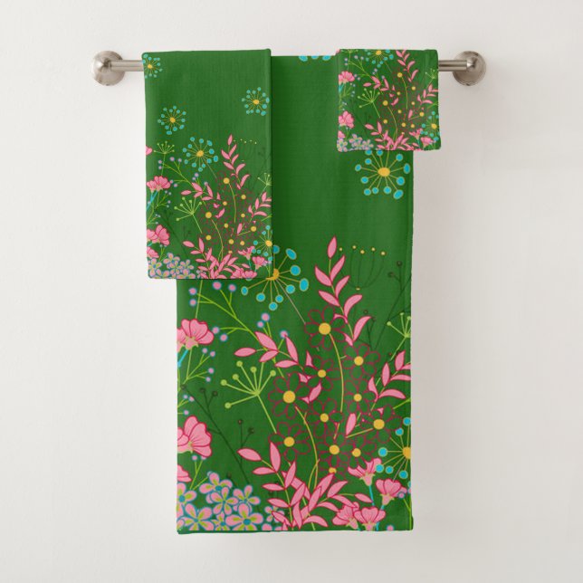 Beautiful Floral Pattern on Green Background  Bath Towel Set (Insitu)