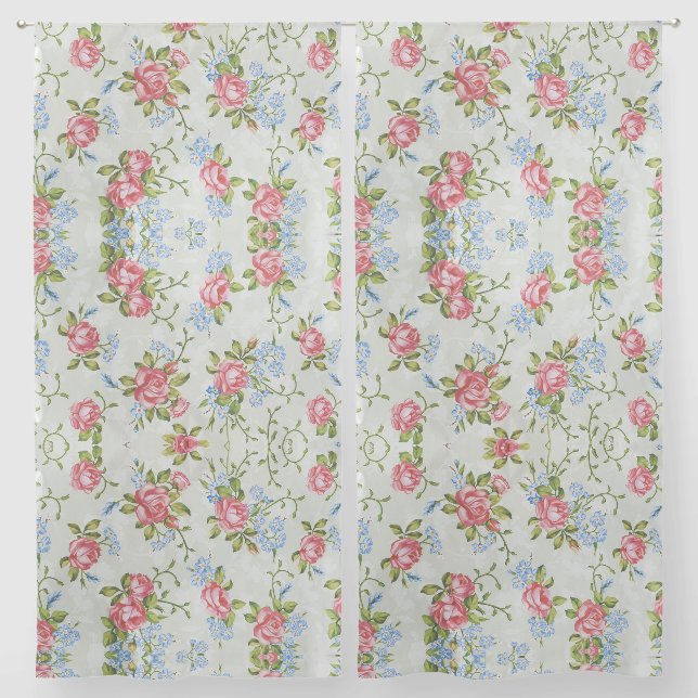 Beautiful Floral Pattern Pink Roses Green Foliage  Sheer Curtains (Pair)