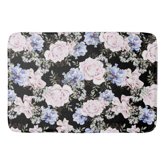 Beautiful Floral Pattern Roses Iris Pink Blue  Bath Mat (Front)