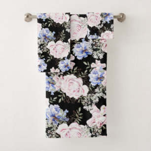 Beautiful Floral Pattern Roses Iris Pink Blue Bath Towel Set