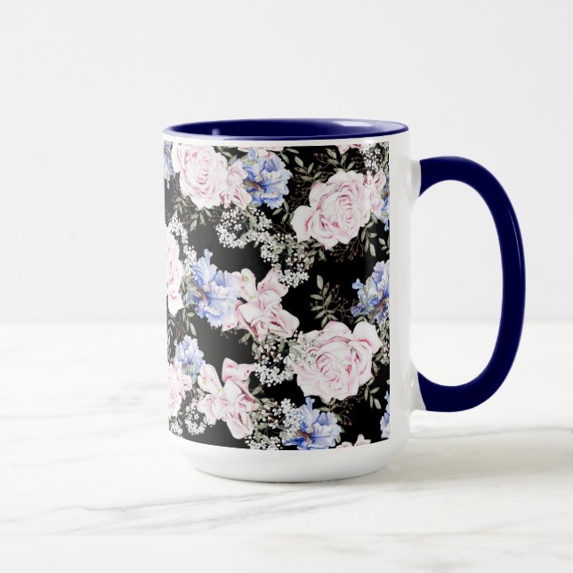 Beautiful Floral Pattern Roses Iris Pink Blue  Mug (Right)