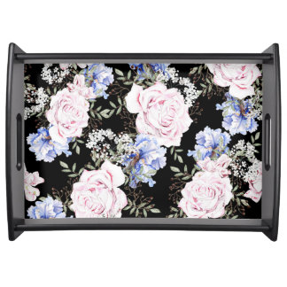 Beautiful Floral Pattern Roses Iris Pink Blue Serving Tray