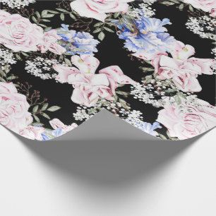Beautiful Floral Pattern Roses Iris Pink Blue Wrapping Paper