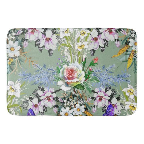 Beautiful Floral Pattern Roses Wildflowers Green Bath Mat