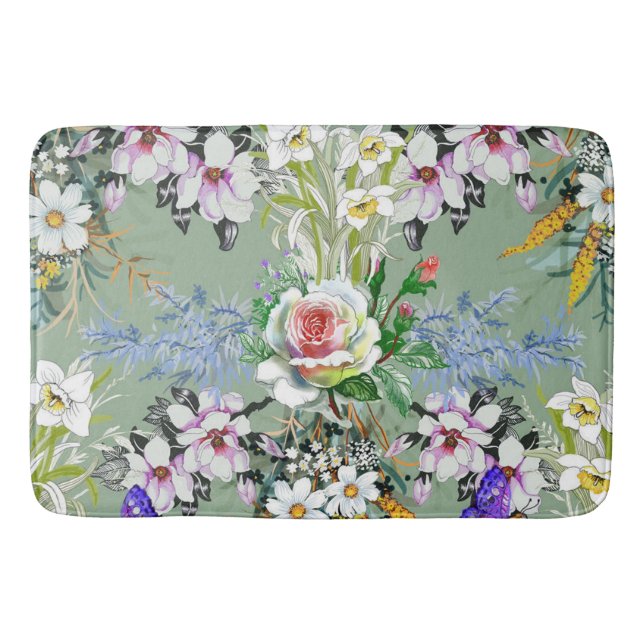 Beautiful Floral Pattern Roses Wildflowers Green Bath Mat (Front)