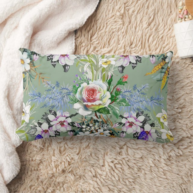 Beautiful Floral Pattern Roses Wildflowers Green Lumbar Pillow (Blanket)