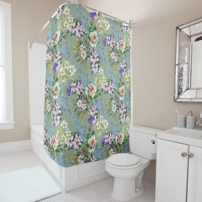 Beautiful Floral Pattern Roses Wildflowers Green Shower Curtain (In Situ)