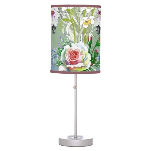 Beautiful Floral Pattern Roses Wildflowers Green Table Lamp