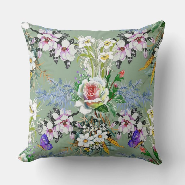 Beautiful Floral Pattern Roses Wildflowers Green Throw Pillow (Front)