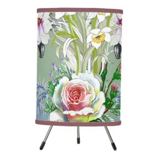 Beautiful Floral Pattern Roses Wildflowers Green Tripod Lamp