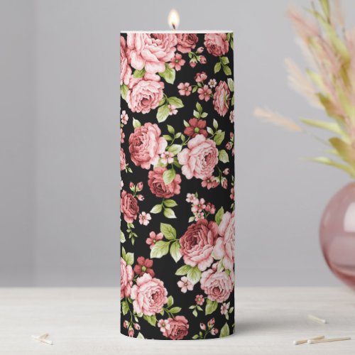 Beautiful Floral Pattern Roses with Green Foliage Pillar Candle