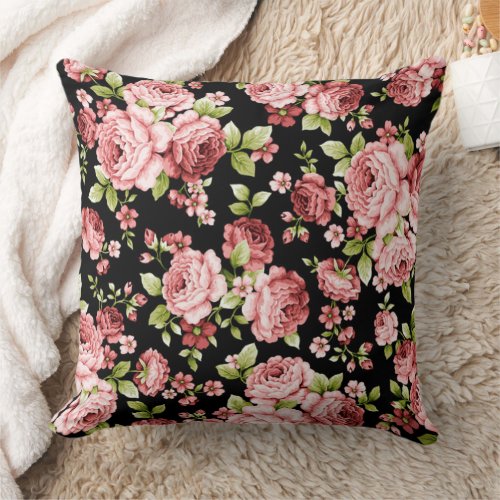 Beautiful Floral Pattern Roses with Green Foliage Throw Pillow