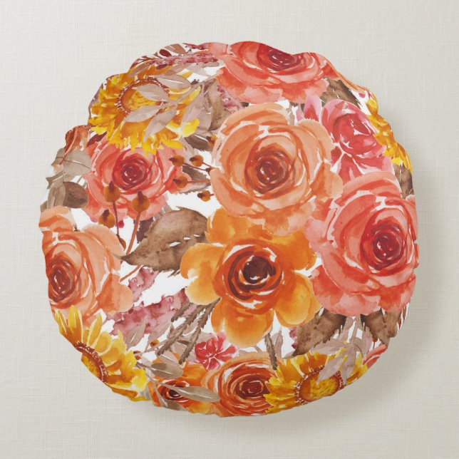 Beautiful Floral Pattern With Bright Autumn Leaves Round Pillow (Front)