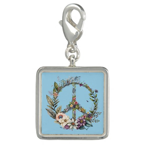 Beautiful Floral Peace Symbol Sign Blue Silver Charm