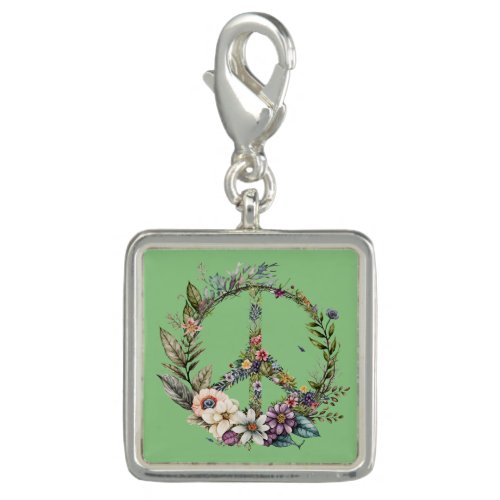Beautiful Floral Peace Symbol Sign Green Silver Charm