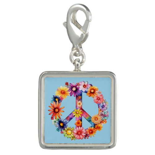 Beautiful Floral Peace Symbol Sign on Blue Silver Charm
