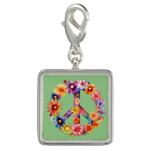 Beautiful Floral Peace Symbol Sign on Green Silver Charm