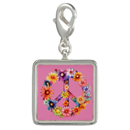 Beautiful Floral Peace Symbol Sign on Pink Silver Charm