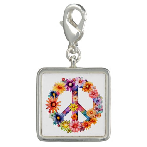 Beautiful Floral Peace Symbol Sign on White Silver Charm