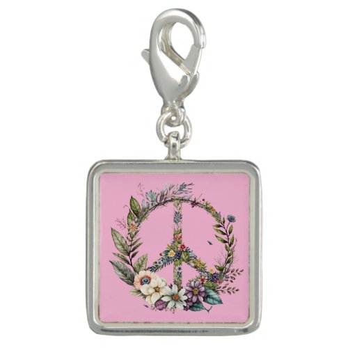 Beautiful Floral Peace Symbol Sign Pink Silver Charm