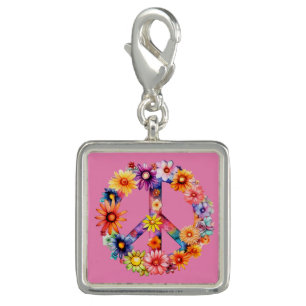 Beautiful Floral Peace Symbol Sign Silver Charm