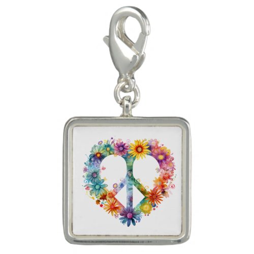 Beautiful Floral Peace Symbol Sign White Silver Charm