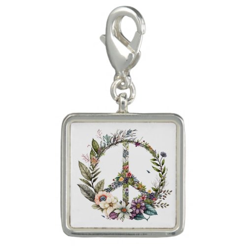 Beautiful Floral Peace Symbol Sign White Silver Charm