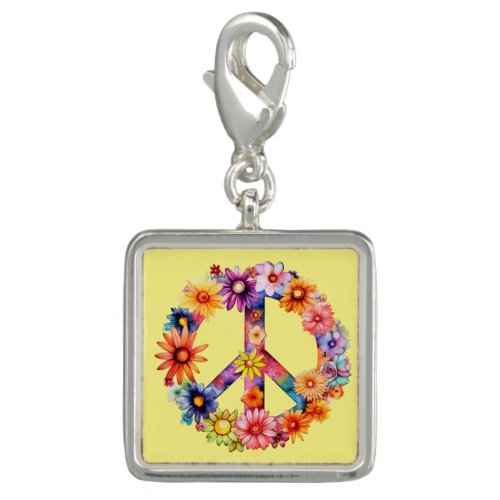 Beautiful Floral Peace Symbol Sign Yellow Silver Charm