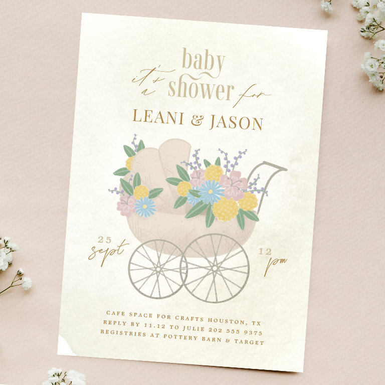 Beautiful Floral Pram Rustic Flowers Baby Shower Invitation