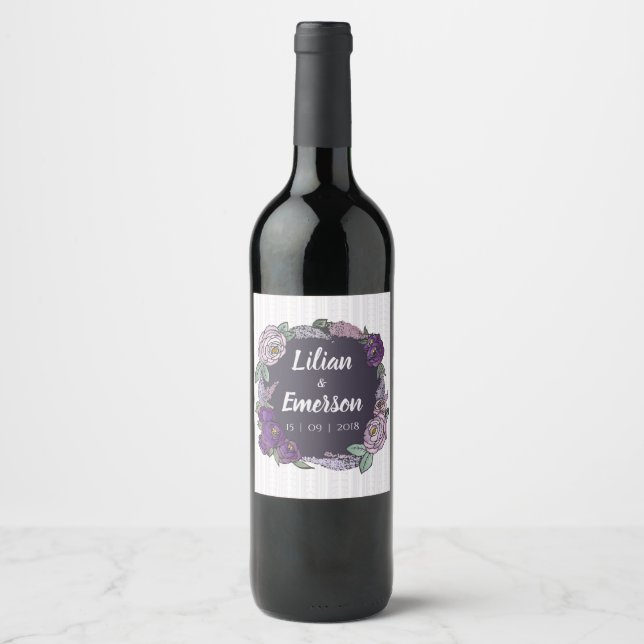 Beautiful Floral Print Lilac & Lavender Wedding Wine Label (Front)