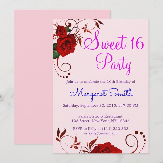 Beautiful Floral Red Rose Sweet 16 Invite (Front/Back)
