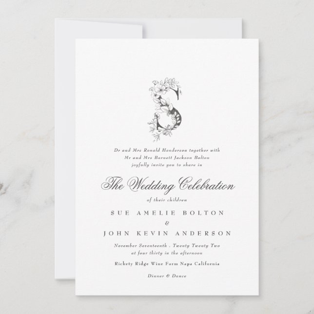 Beautiful Floral 'S' Monogram Sketched Wedding Invitation (Front)