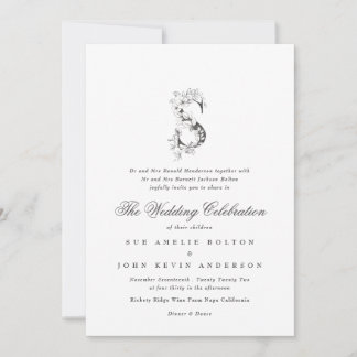 Beautiful Floral 'S' Monogram Sketched Wedding Invitation
